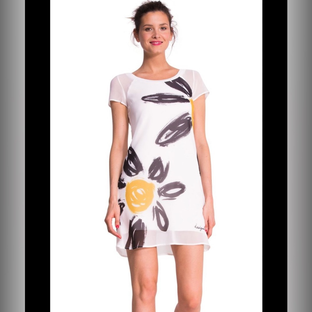 Desigual white Daisy floral print cap sleeve sheer detail shift dress small